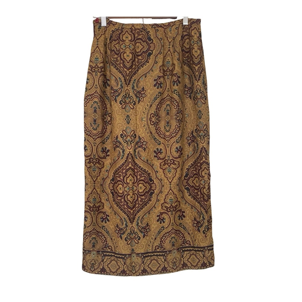Rafaella Paisley Women Midi Skirt 10 Brown Boho Vintage Rayon Lined Slit